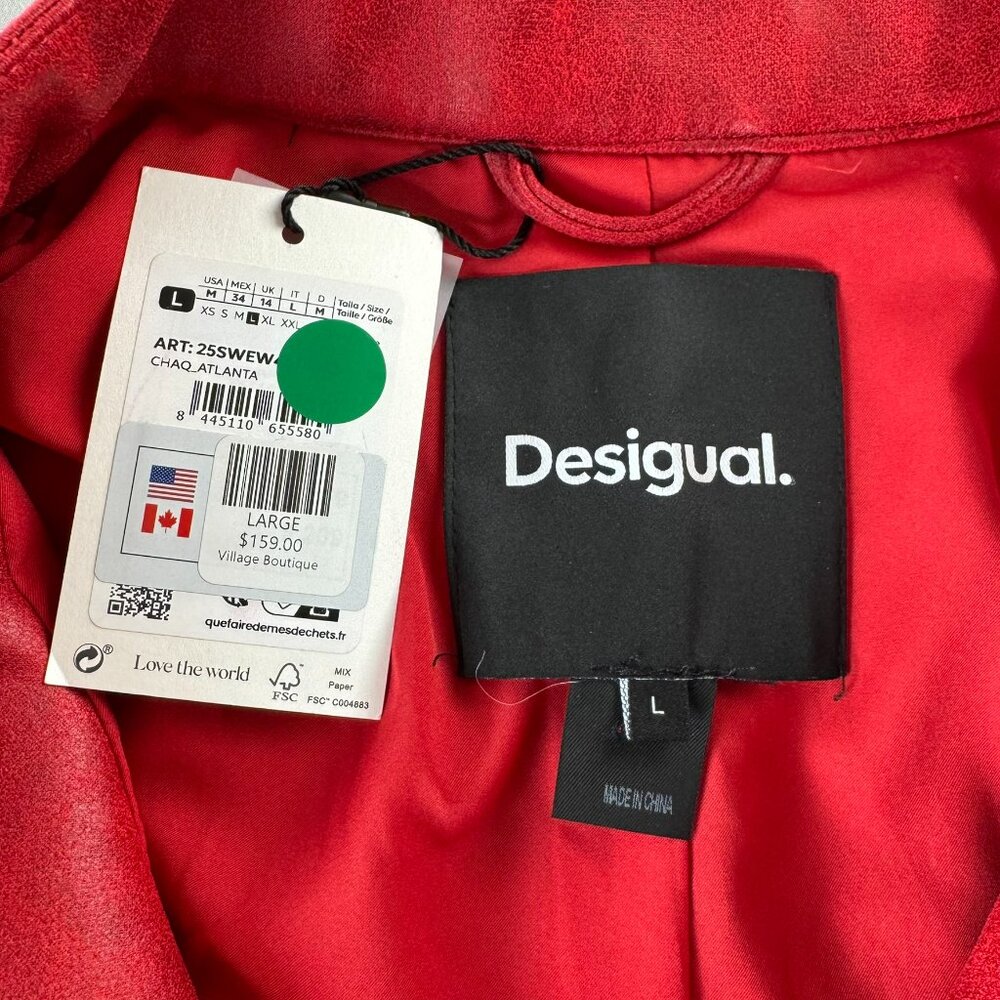 Desigual Women's Red Moto Biker Soft Faux Leather Jacket NWT Mandarin Collar L - Picture 2 of 11